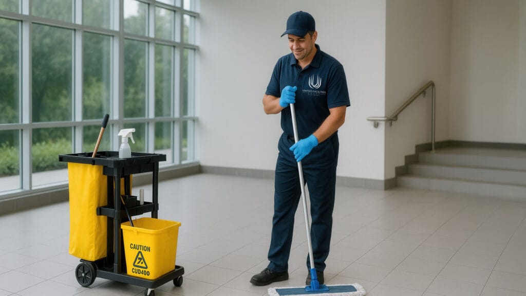 Cleaning staff member mops the floor in a bright, spacious indoor area with large windows.