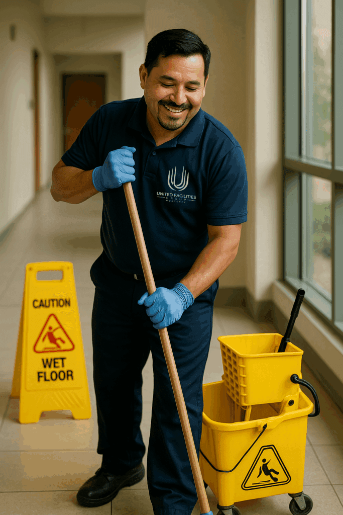 Man mopping floor with yellow caution sign and cleaning cart, smiling.