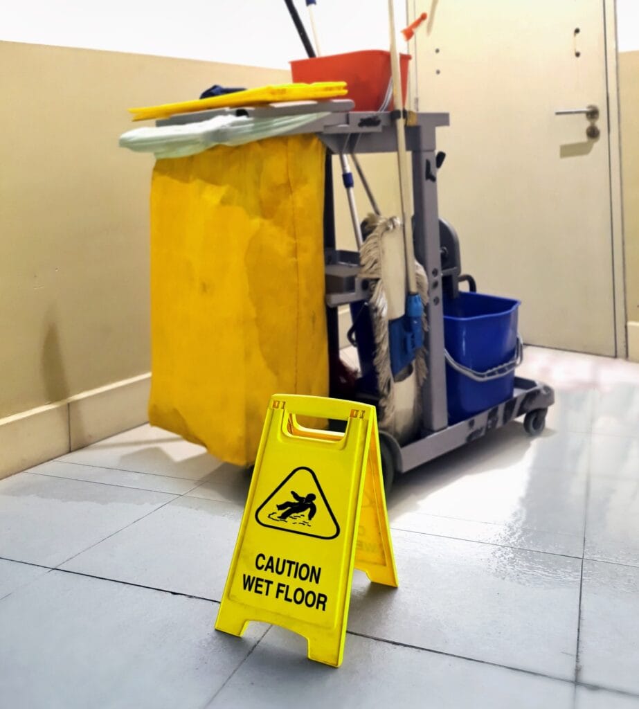 Yellow caution sign reading Caution Wet Floor placed on tiled floor near cleaning cart.