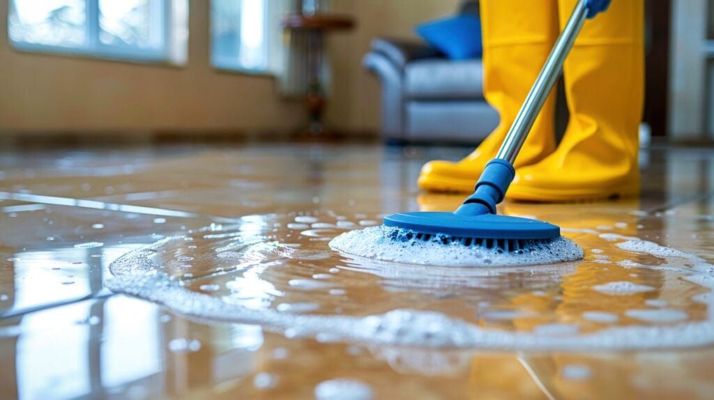 Person wearing yellow rain boots mopping spilled water on a wooden floor.