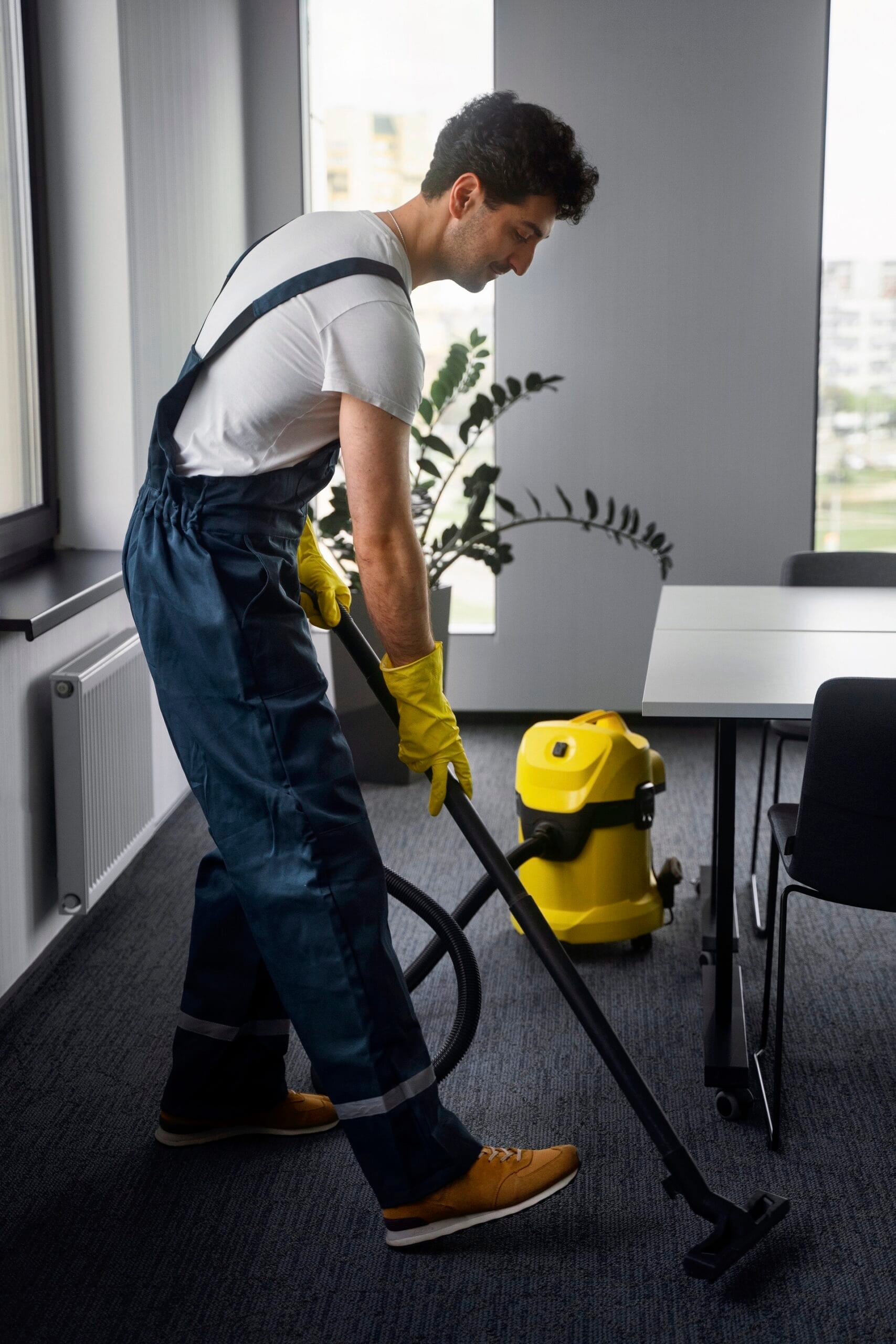 Man cleaning carpet with a yellow industrial vacuum in an office room.