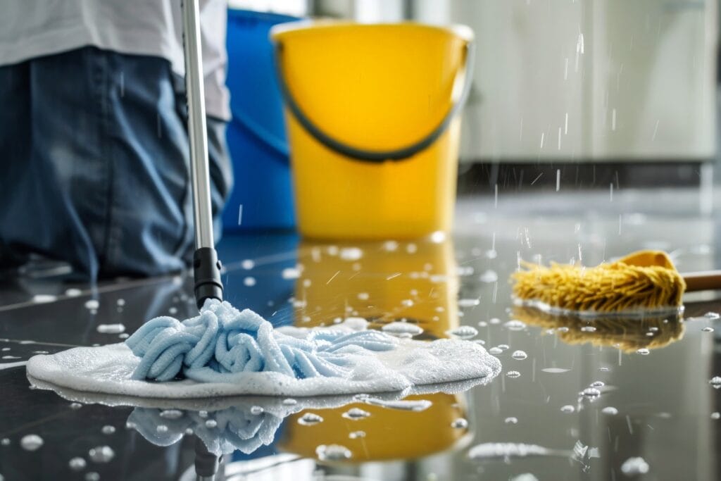 Person cleaning a wet surface with a mop, yellow bucket in the background.