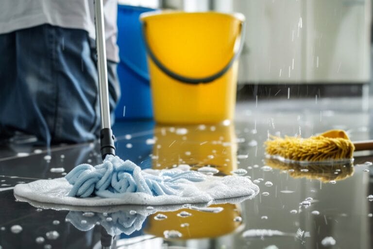 Person cleaning a wet surface with a mop, yellow bucket in the background.