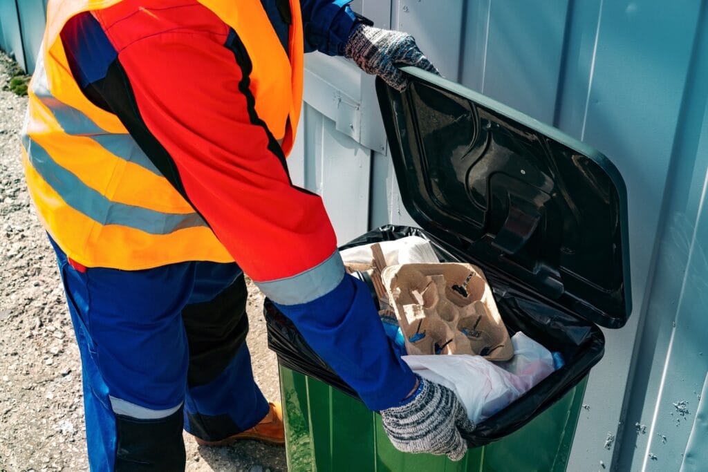 Person in a high-visibility jacket and gloves disposing of tools into a green trash bin outside.