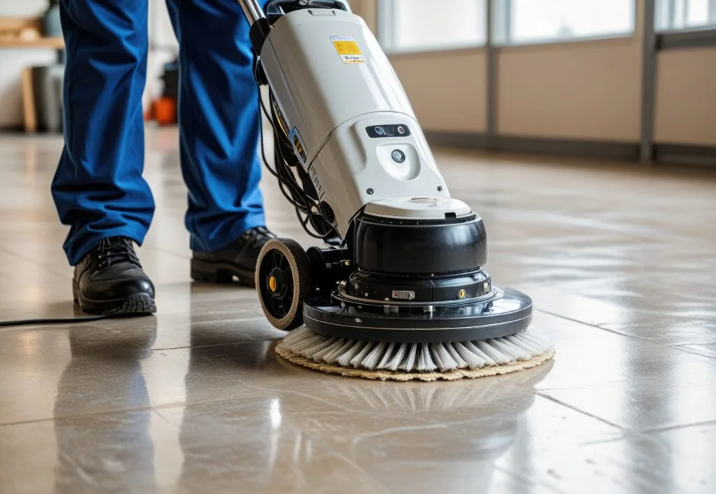 Person in blue pants and black shoes operating a floor cleaning robot on a tiled floor.