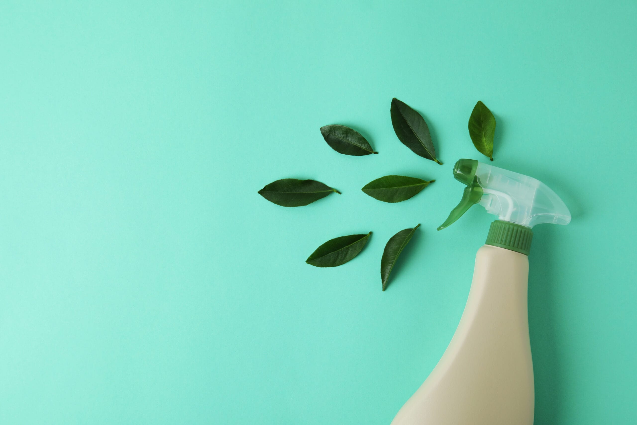 Green leaves spray from a white spray bottle on a light green background.