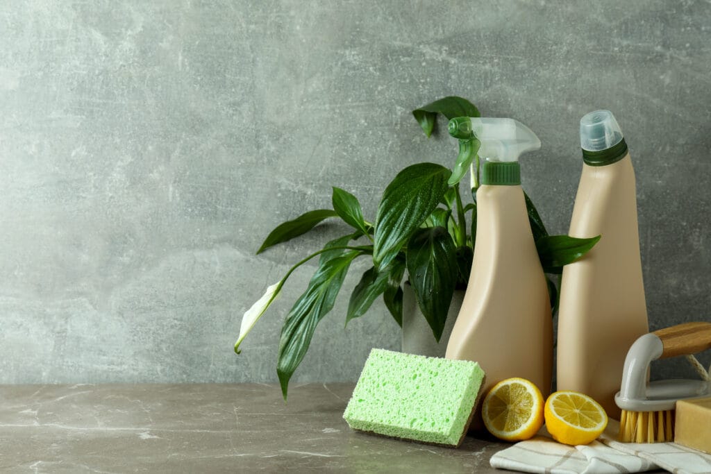 Cleaning supplies, lemon halves, a sponge, and a scrub brush on a marble surface.