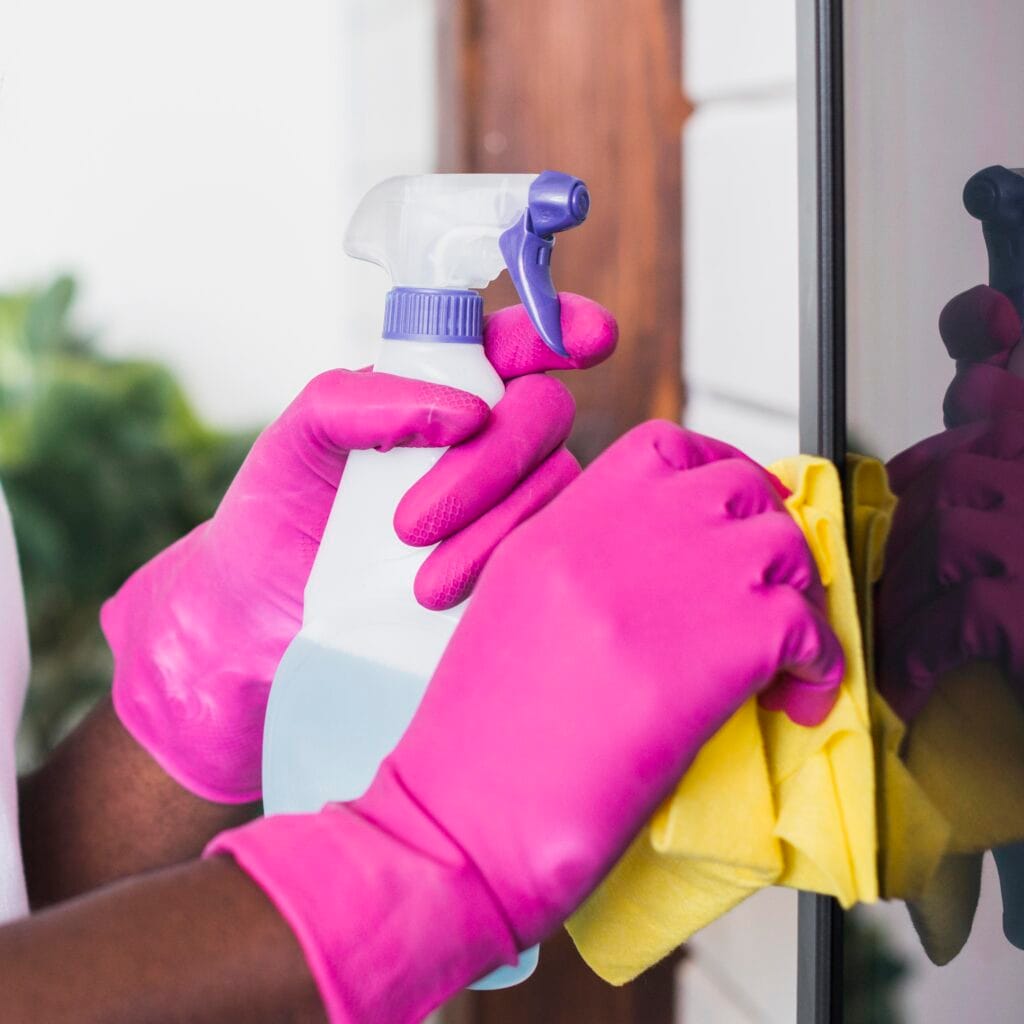 Person wearing pink gloves cleaning a mirror with a spray bottle and yellow cloth.