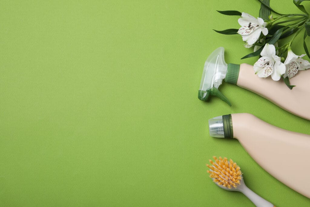 White flowers with green leaves, two beige spray bottles, and a yellow cleaning brush on a green background.