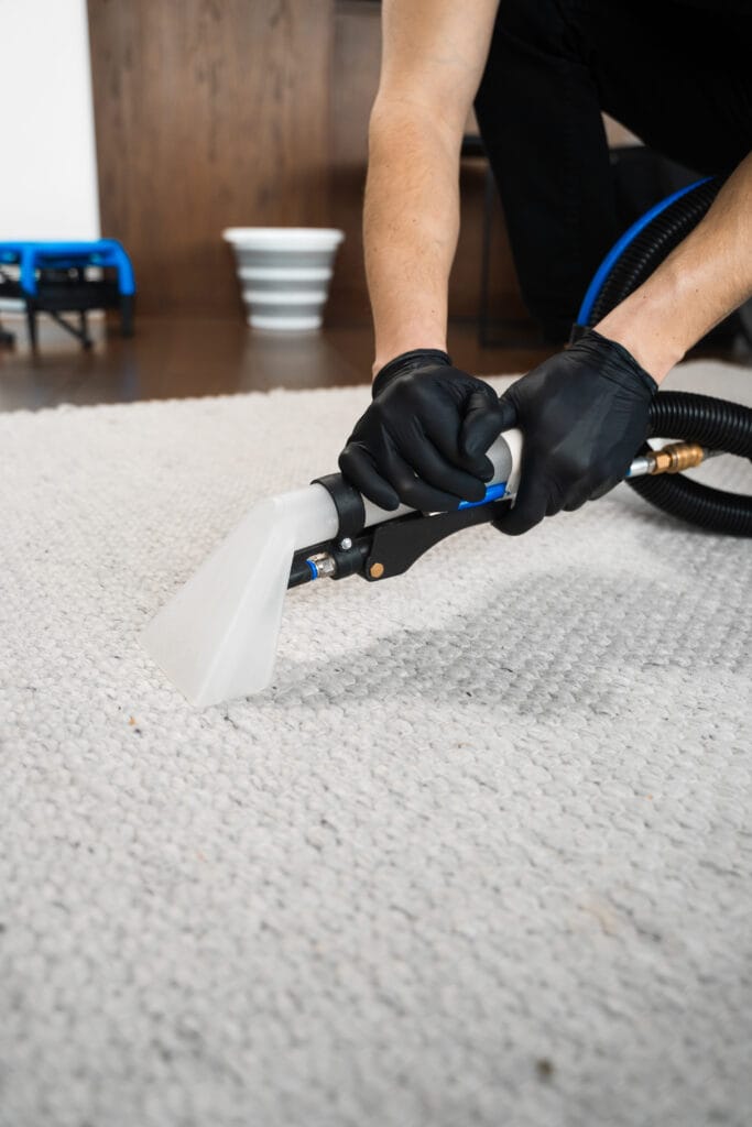 Person wearing black gloves uses a carpet cleaning machine on a white textured carpet.