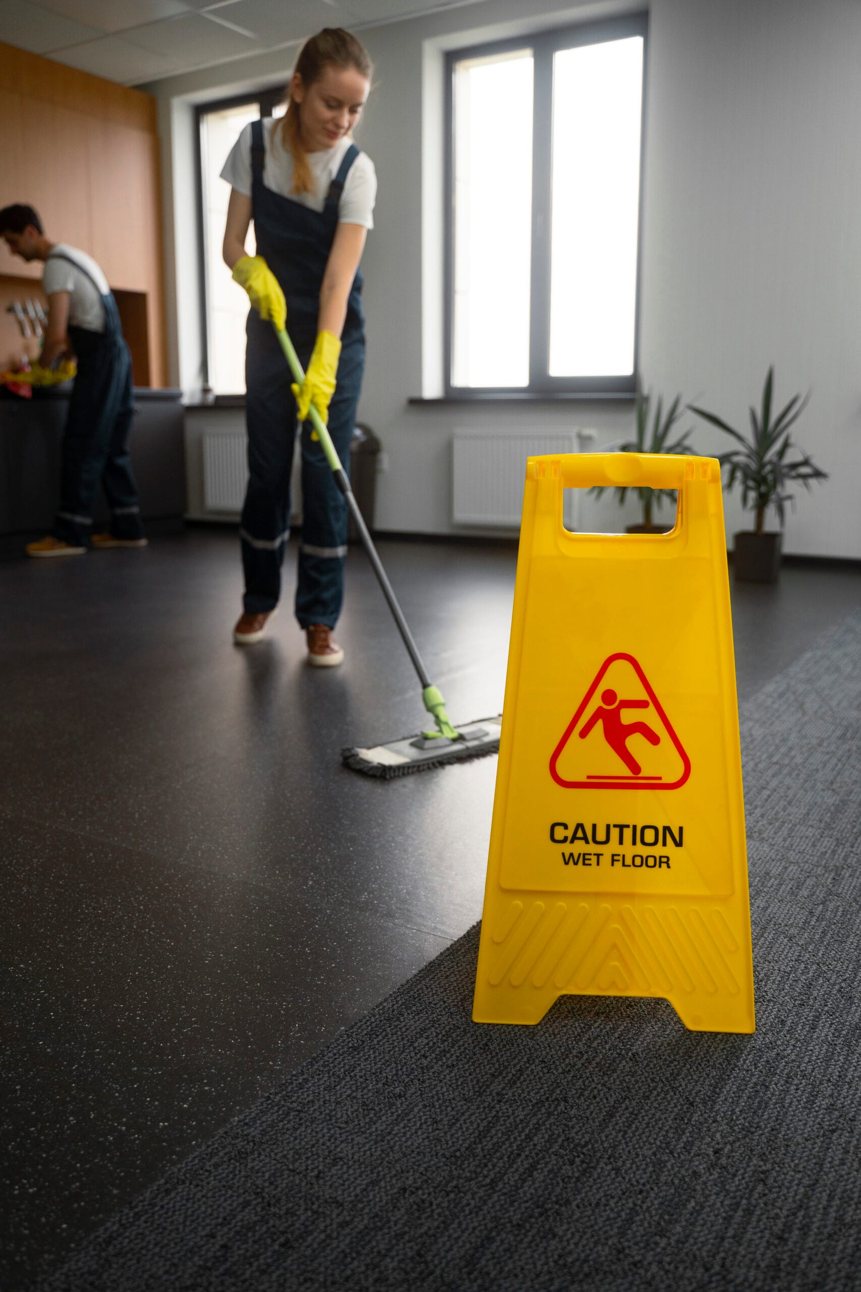 Woman mopping floor with a caution wet floor sign in the foreground.