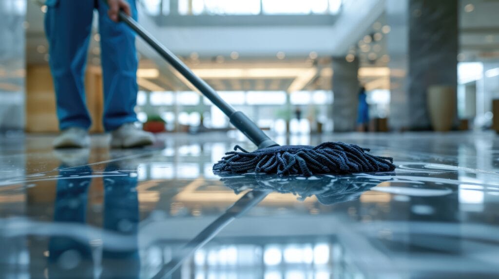 Person mopping shiny tiled floor in a spacious, modern building with large windows.