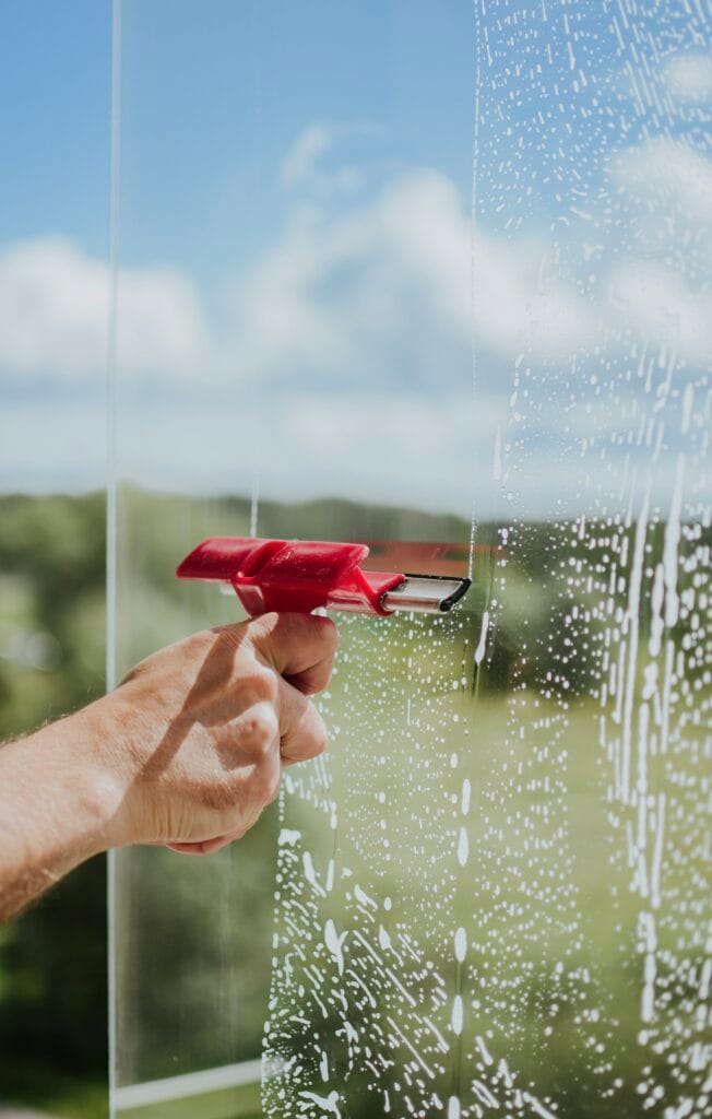 Hand cleaning a glass window with a squeegee on a sunny day.