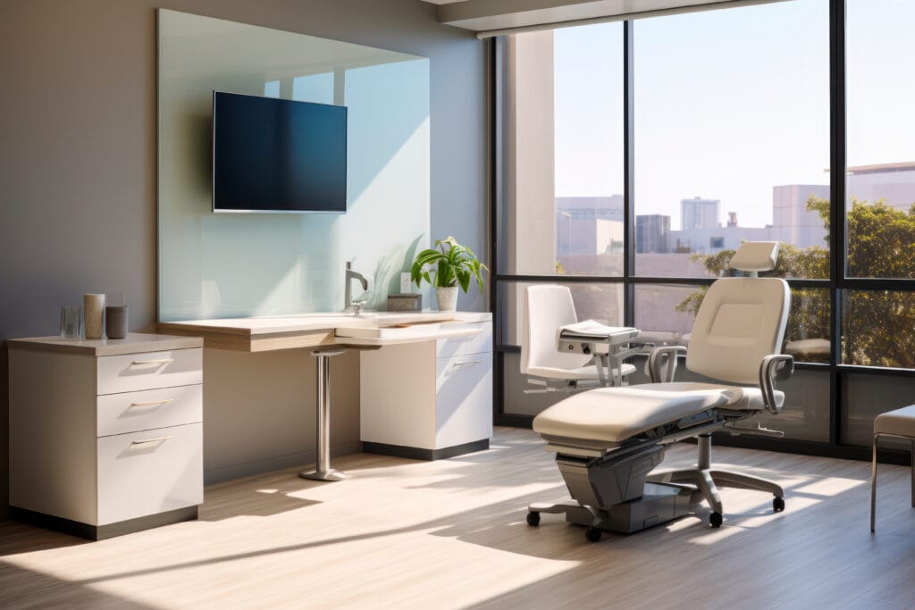 Empty hospital examination room with a chair, desk, plant, and large window.