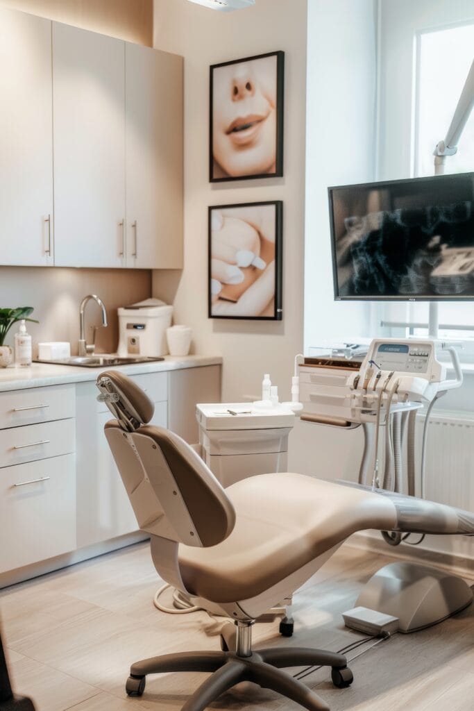 Dental chair in a clean, modern clinic with framed close-up photos on the wall.