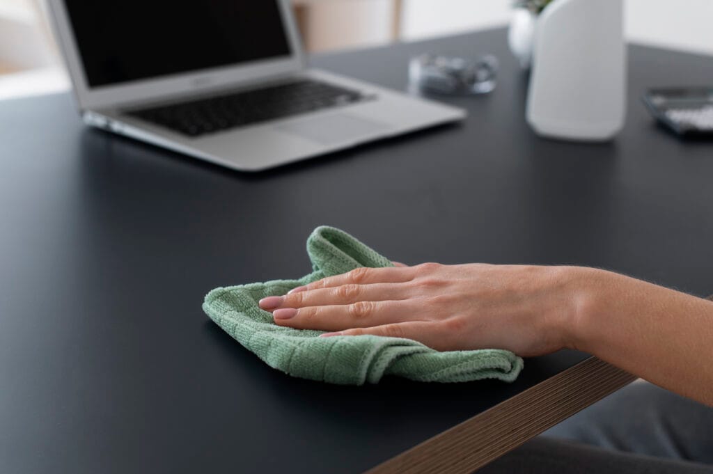 Hand wiping a dark desk with a green cloth, with a laptop and office supplies in the background.