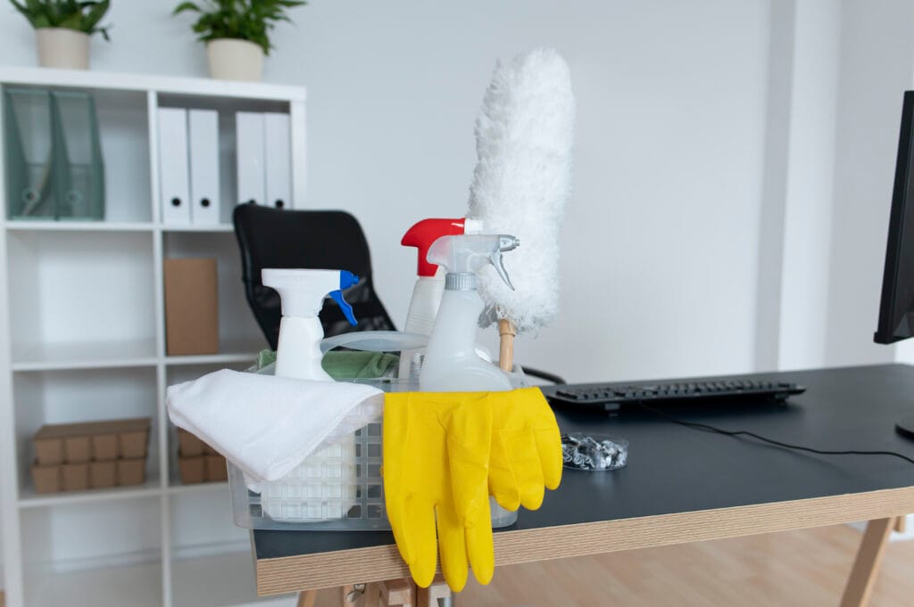 Cleaning supplies, including spray bottles, yellow gloves, and a duster, on a desk.