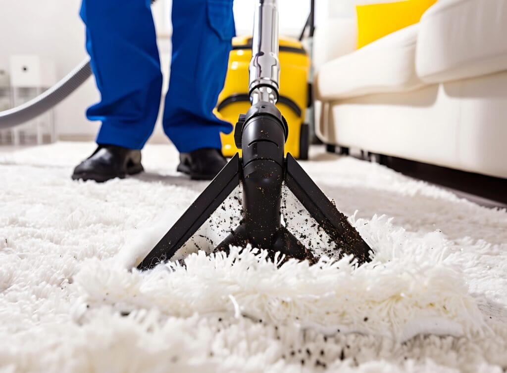 Person in blue uniform using a vacuum cleaner on white carpet with a yellow vacuum in the background.
