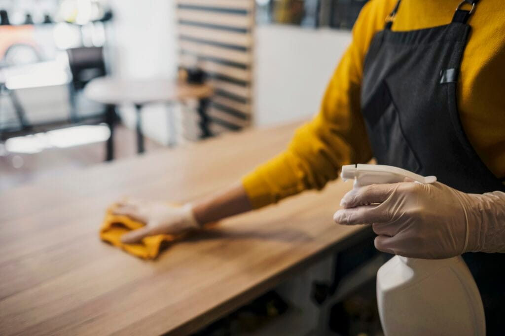 Person wearing gloves wiping a wooden table with a yellow cloth, holding a spray bottle.