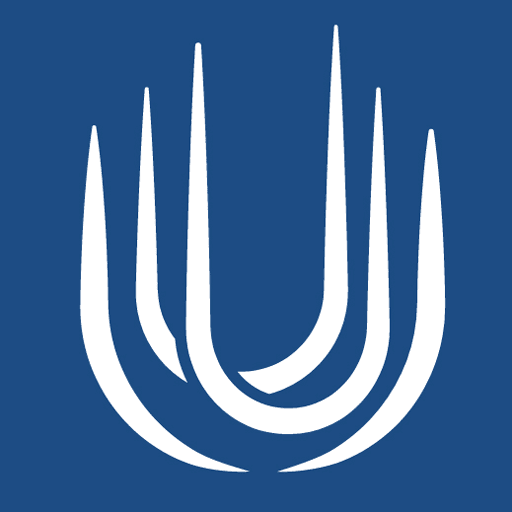 White stylized tulip shape on a blue background.