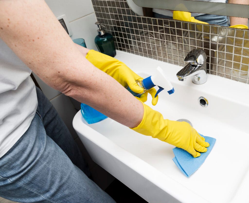 Person wearing yellow gloves cleaning a white sink with a blue cloth and spray bottle.